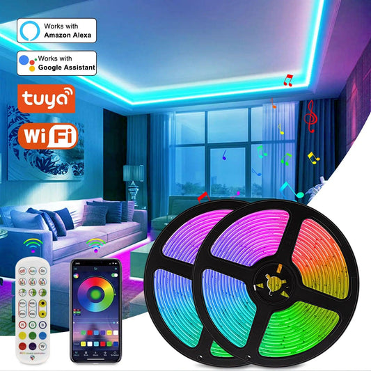 RGB Tape Tuya WiFi Smart LED Strip DC 12V 5050 Ribbon Work with Alexa Voice Control Color Change Bedroom Decoration 5m 20m Light - GENESIZ GAMING
